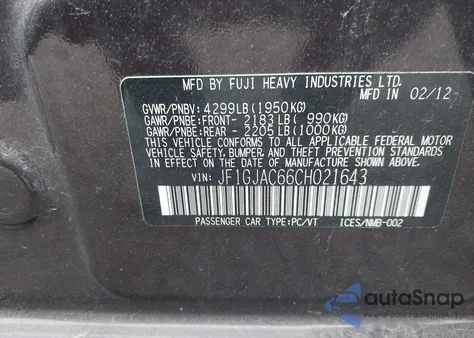 2012 Subaru Impreza 2.0I Premium from USA, damaged, VIN JF1GJAC66CH021643